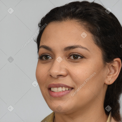 Joyful white young-adult female with long  brown hair and brown eyes