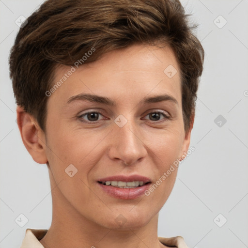 Joyful white young-adult female with short  brown hair and brown eyes