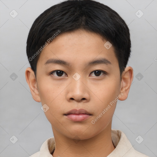 Neutral asian young-adult male with short  black hair and brown eyes