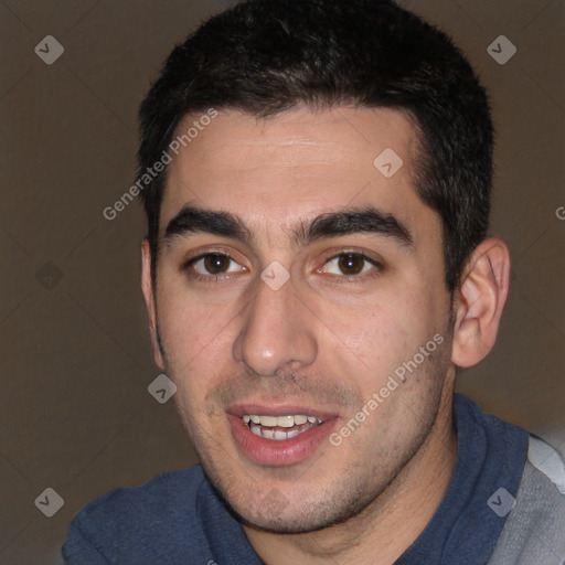 Joyful white young-adult male with short  black hair and brown eyes