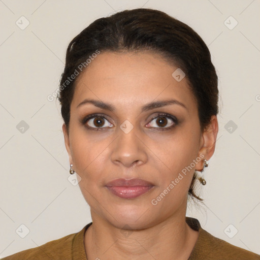 Joyful latino young-adult female with short  brown hair and brown eyes