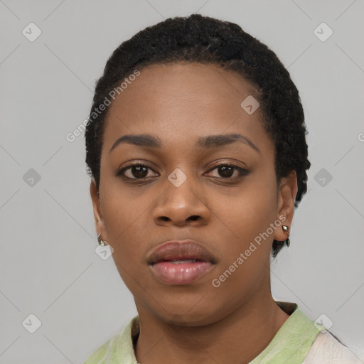 Neutral black young-adult female with short  black hair and brown eyes