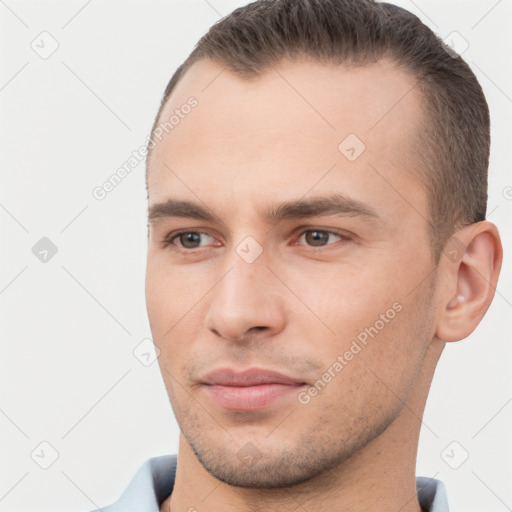 Neutral white young-adult male with short  brown hair and brown eyes