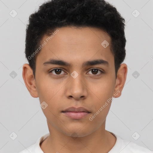 Neutral latino young-adult male with short  brown hair and brown eyes