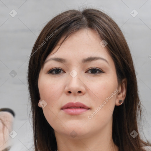 Neutral white young-adult female with medium  brown hair and brown eyes