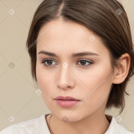 Neutral white young-adult female with medium  brown hair and brown eyes