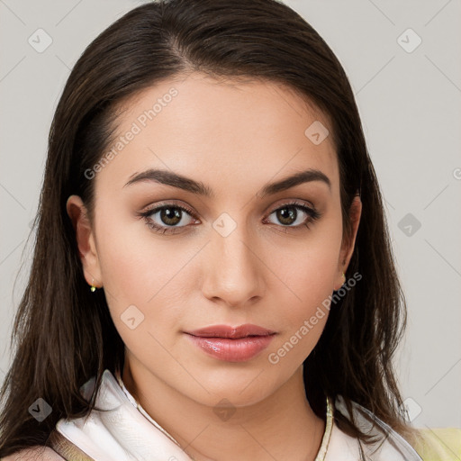 Neutral white young-adult female with medium  brown hair and brown eyes