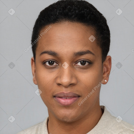 Joyful latino young-adult female with short  black hair and brown eyes