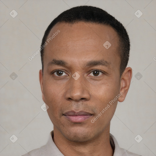 Neutral latino adult male with short  black hair and brown eyes