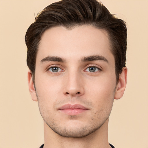 Neutral white young-adult male with short  brown hair and brown eyes