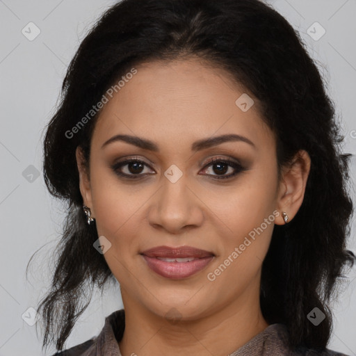 Joyful latino young-adult female with long  brown hair and brown eyes