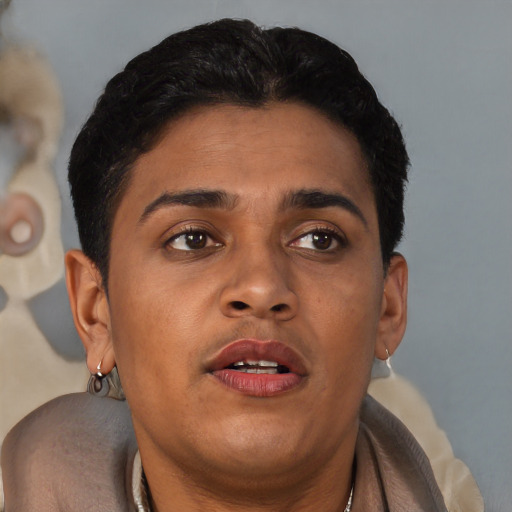 Joyful black adult female with short  brown hair and brown eyes