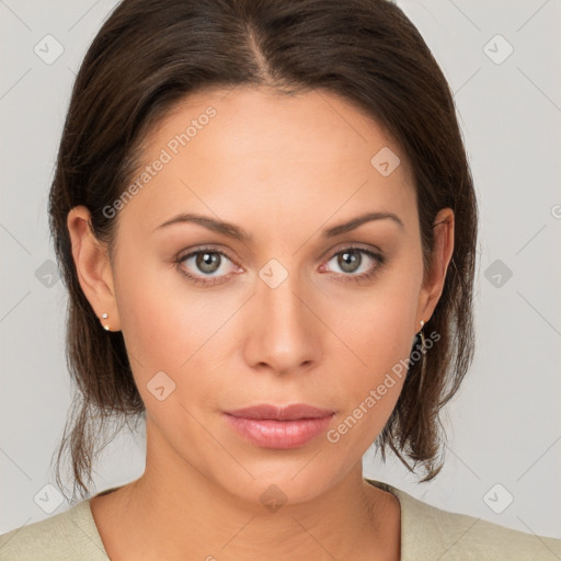 Neutral white young-adult female with medium  brown hair and brown eyes