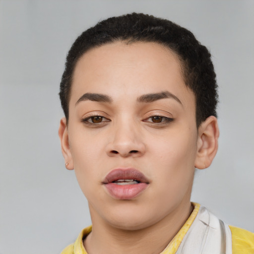 Neutral latino young-adult female with short  brown hair and brown eyes