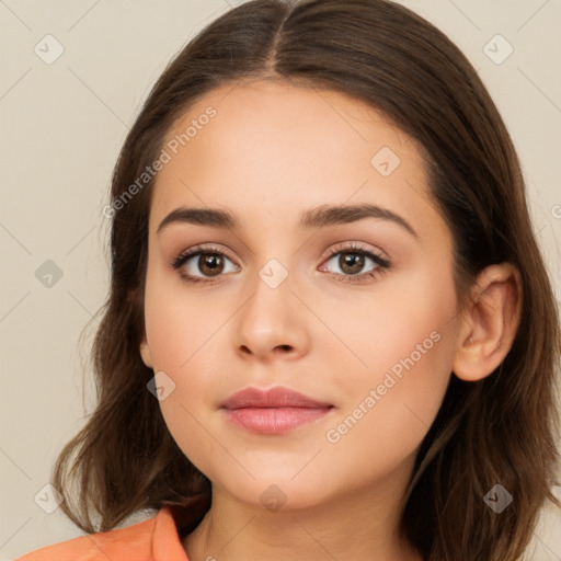 Neutral white young-adult female with long  brown hair and brown eyes