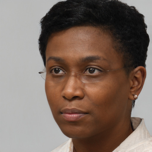 Neutral black young-adult female with short  black hair and brown eyes