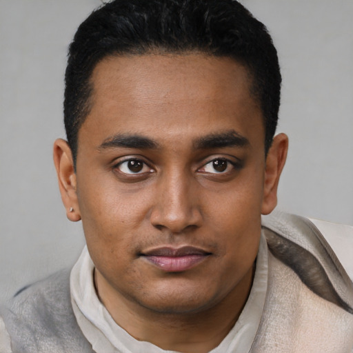 Neutral black young-adult male with short  black hair and brown eyes