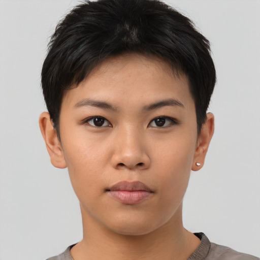 Neutral asian young-adult female with short  brown hair and brown eyes
