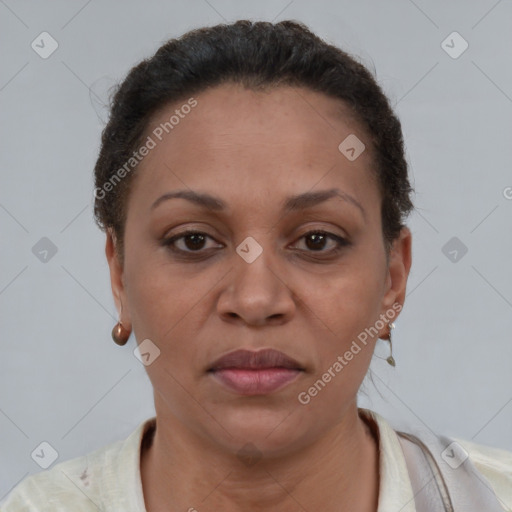 Joyful black adult female with short  brown hair and brown eyes