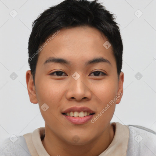 Joyful asian young-adult female with short  brown hair and brown eyes