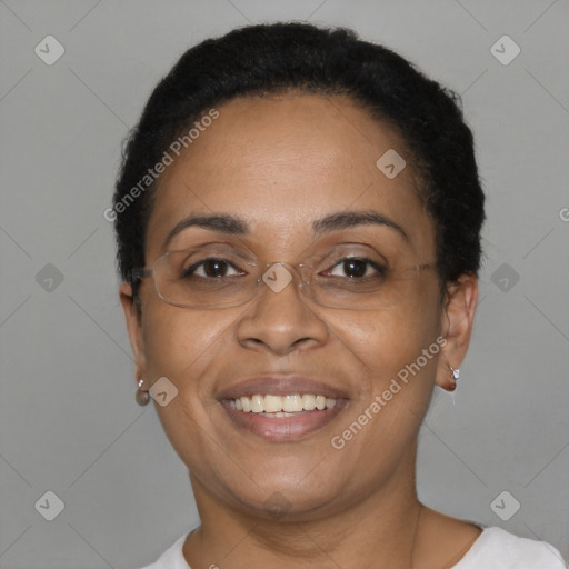 Joyful black adult female with short  brown hair and brown eyes