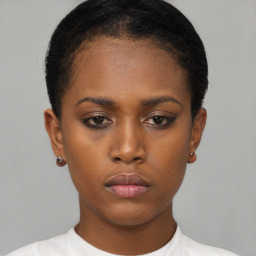 Neutral black young-adult female with short  black hair and brown eyes