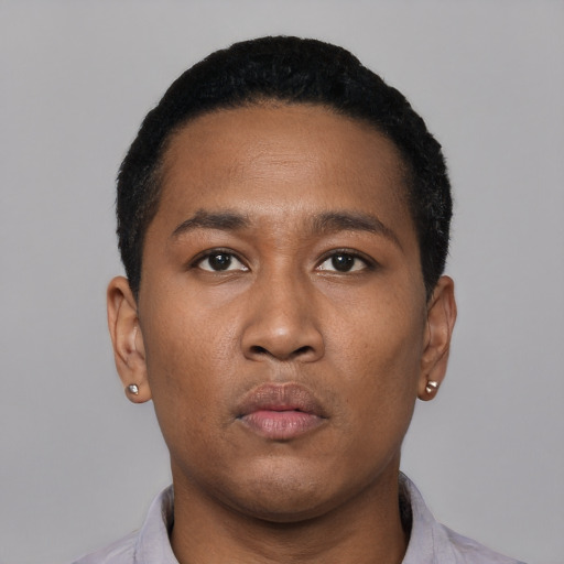 Neutral black young-adult male with short  black hair and brown eyes