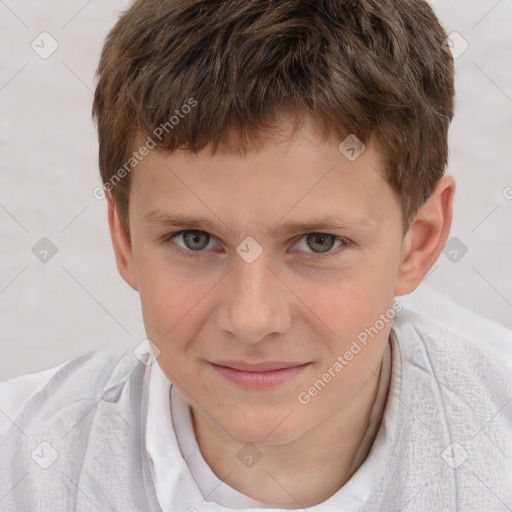 Joyful white child male with short  brown hair and brown eyes