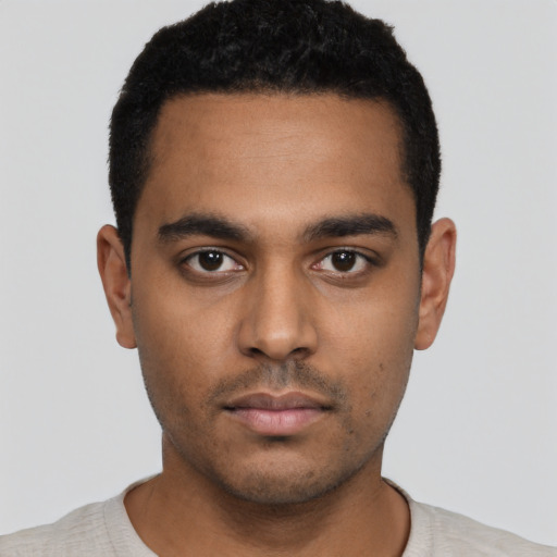 Neutral latino young-adult male with short  black hair and brown eyes