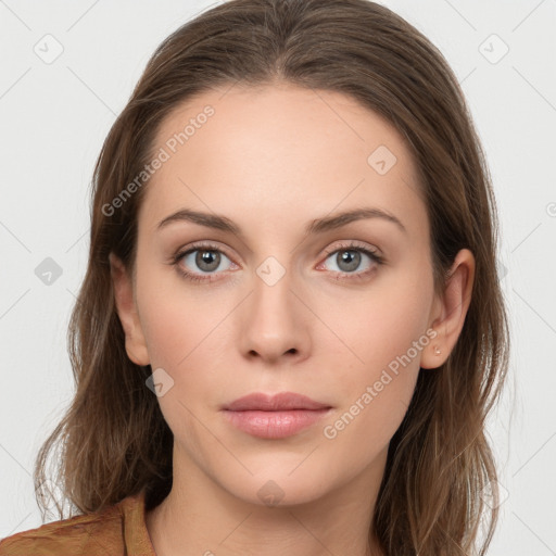 Neutral white young-adult female with long  brown hair and grey eyes