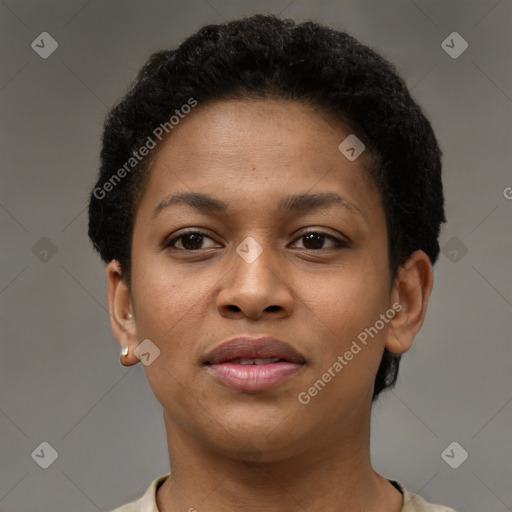 Neutral black young-adult female with short  brown hair and brown eyes