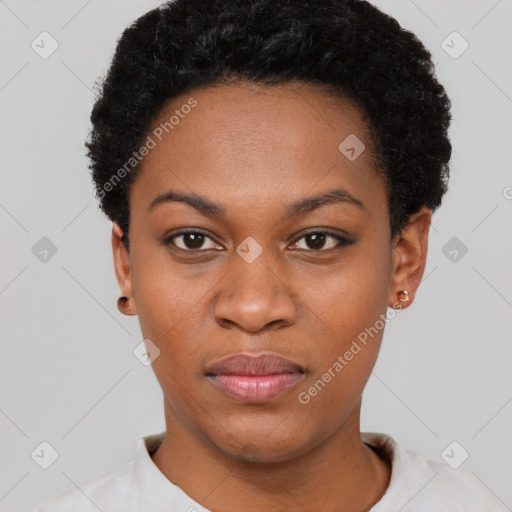 Neutral black young-adult female with short  black hair and brown eyes