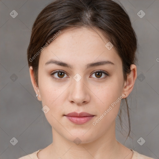 Neutral white young-adult female with medium  brown hair and brown eyes