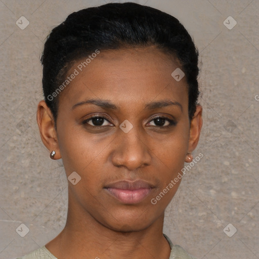 Neutral black young-adult female with short  black hair and brown eyes