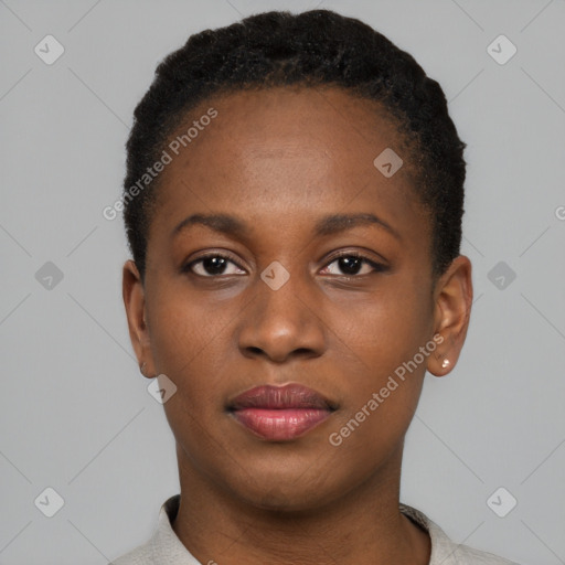 Neutral black young-adult female with short  black hair and brown eyes