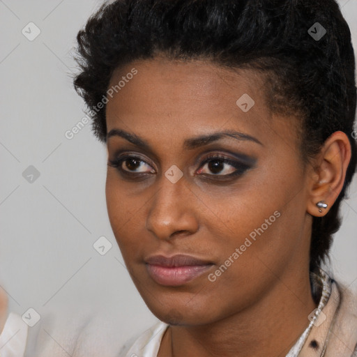 Neutral black young-adult female with short  black hair and brown eyes