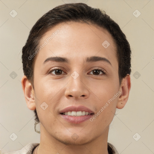 Joyful white young-adult female with short  brown hair and brown eyes