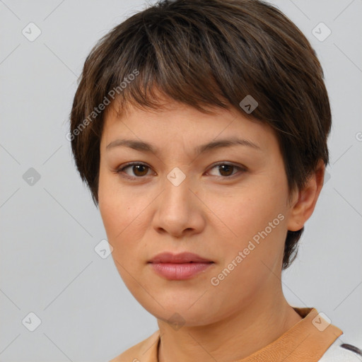 Neutral white young-adult female with short  brown hair and brown eyes