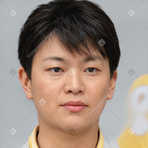 Neutral asian young-adult female with short  brown hair and brown eyes