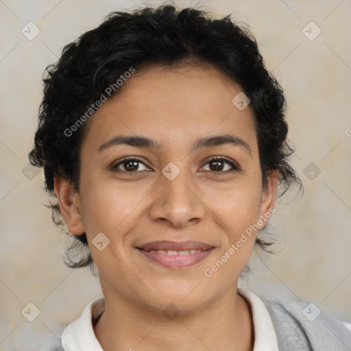 Joyful latino young-adult female with short  brown hair and brown eyes