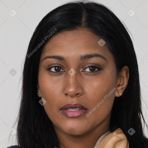 Joyful asian young-adult female with long  black hair and brown eyes