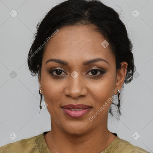 Joyful black young-adult female with medium  black hair and brown eyes