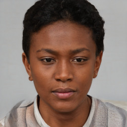 Neutral black young-adult female with short  black hair and brown eyes