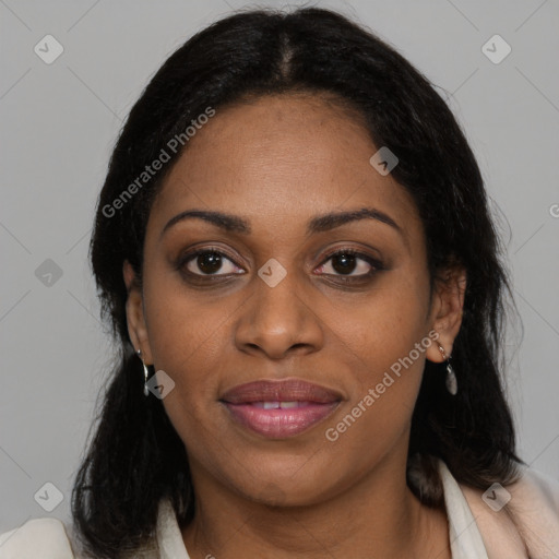 Joyful black young-adult female with medium  black hair and brown eyes