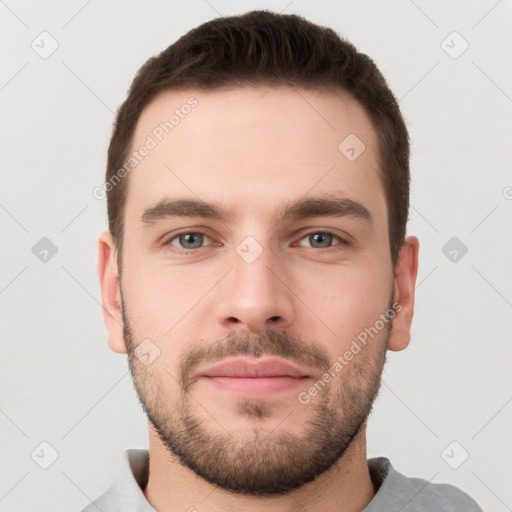 Neutral white young-adult male with short  brown hair and grey eyes