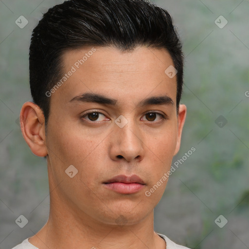 Neutral asian young-adult male with short  black hair and brown eyes