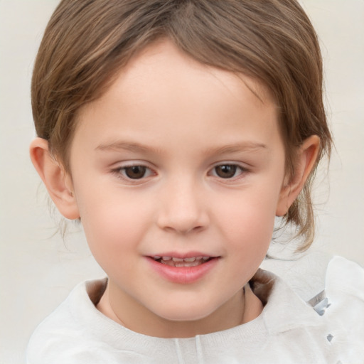 Joyful white child female with medium  brown hair and brown eyes