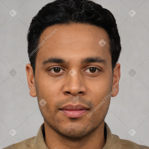 Neutral latino young-adult male with short  black hair and brown eyes