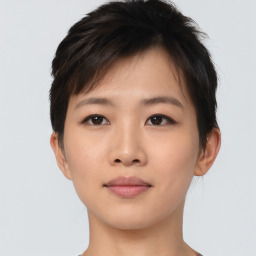 Neutral asian young-adult female with short  brown hair and brown eyes