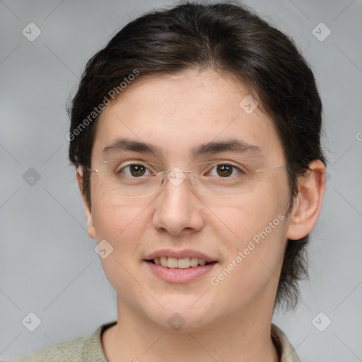 Joyful white young-adult female with short  brown hair and brown eyes